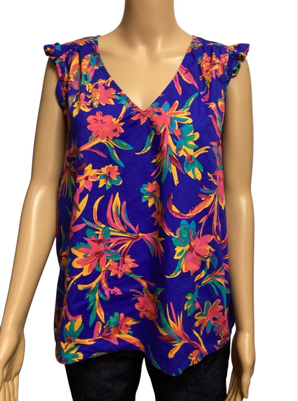 J.Crew Tropical Floral V-Neck Ruffle Sleeve Top Blouse Purple Blue Neon Pink XXL